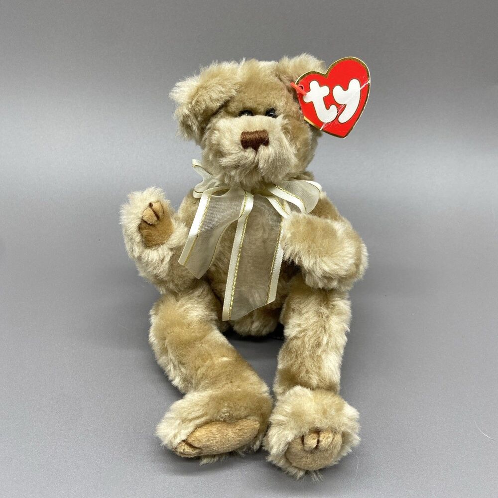 Vintage TY Attic Treasures Jointed Bear Plush Beverly Gold Bow Stuffed Animal 9"